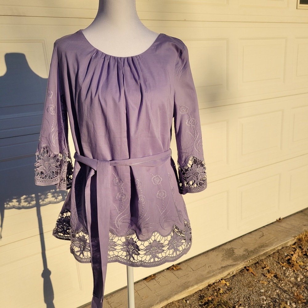 Motto Elegant Lavender Embroidered Cotton Blouse with Waist Tie Size XS